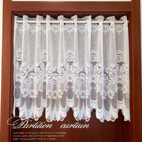 White Lace Sheer Curtains - Short Voile Valance for Kitchen & Cafe