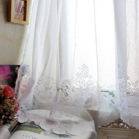 White Lace Sheer Curtains - Short Voile Valance for Kitchen & Cafe