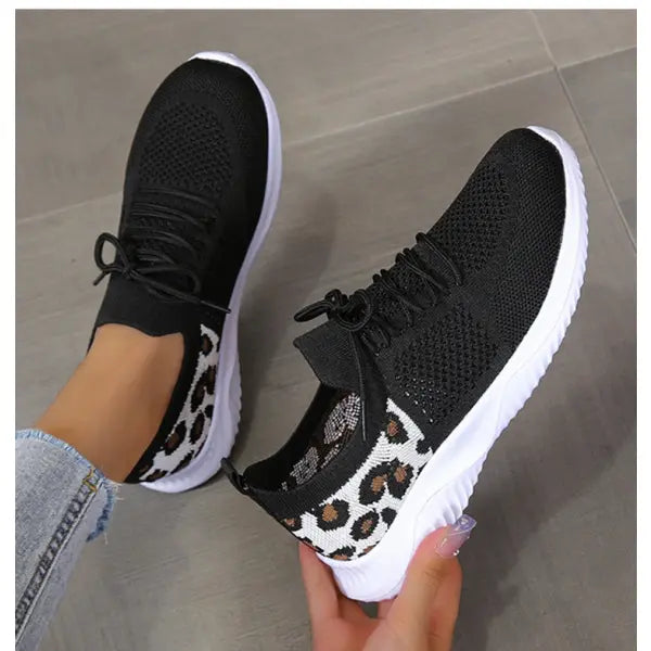 White Shoes Women Leopard Print Lace-up Sneakers Sports