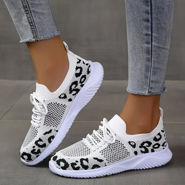 White Shoes Women Leopard Print Lace-up Sneakers Sports - Black panther print / Size35