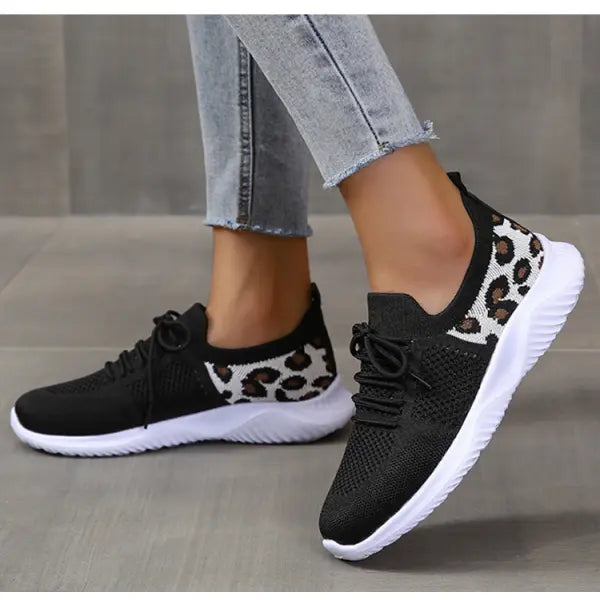 White Shoes Women Leopard Print Lace-up Sneakers Sports - Black / Size35