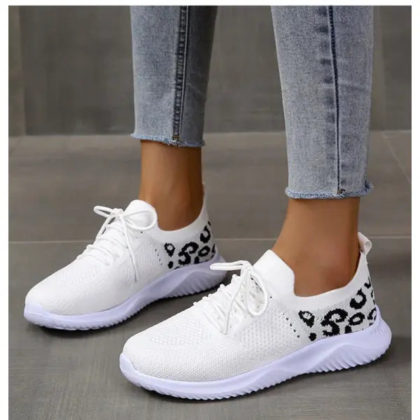 White Shoes Women Leopard Print Lace-up Sneakers Sports - White / Size35