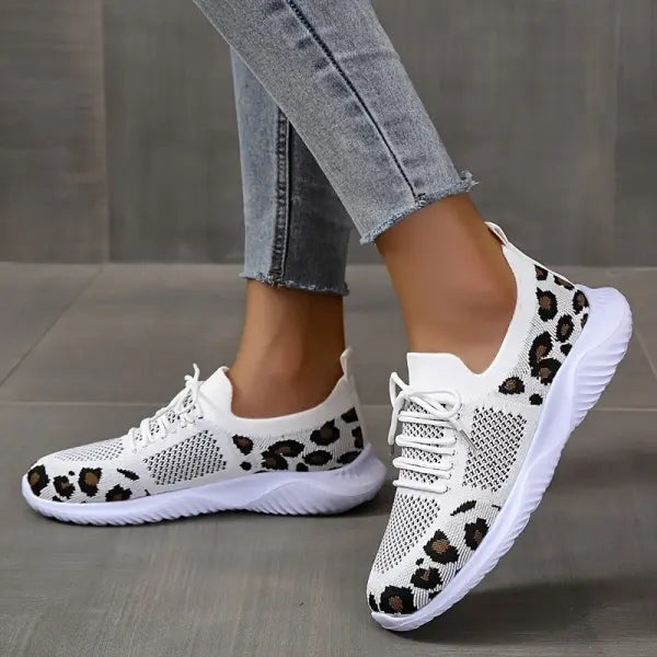 White Shoes Women Leopard Print Lace-up Sneakers Sports - Yellow leopard print / Size35