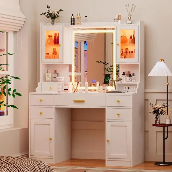 White Vanity Desk with Mirror Lights & Charging Station – Large Makeup Table Set with RGB Cabinets and 3 LED Light