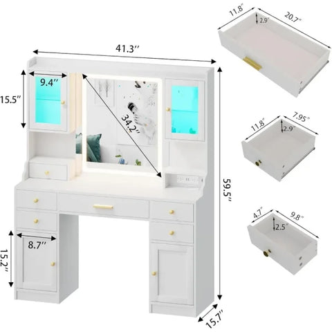 White Vanity Desk with Mirror Lights & Charging Station – Large Makeup Table Set with RGB Cabinets and 3 LED Light