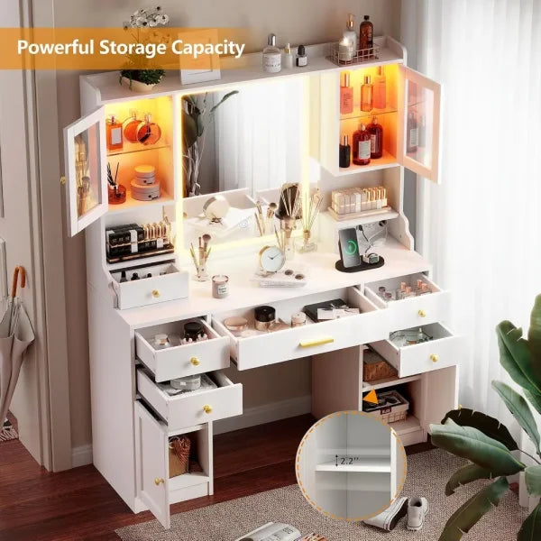 White Vanity Desk with Mirror Lights & Charging Station – Large Makeup Table Set with RGB Cabinets and 3 LED Light