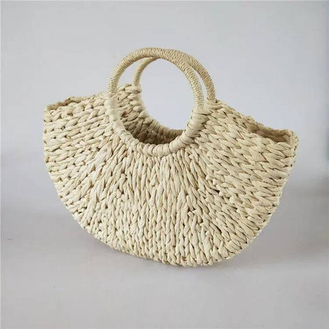 Wicker Handbag - Straw Half-Round Casual Travel Tote for Women