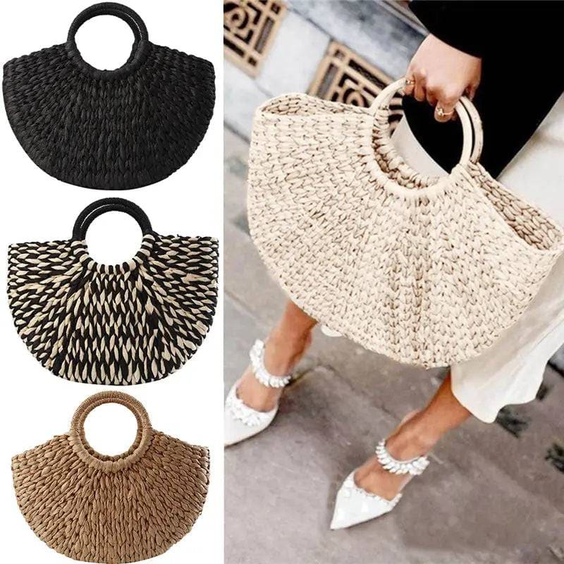 Wicker Handbag - Straw Half-Round Casual Travel Tote for Women