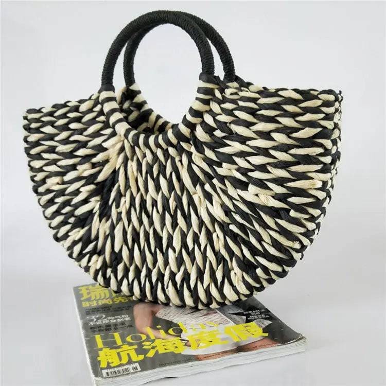 Wicker Handbag - Straw Half-Round Casual Travel Tote for Women - Black and white