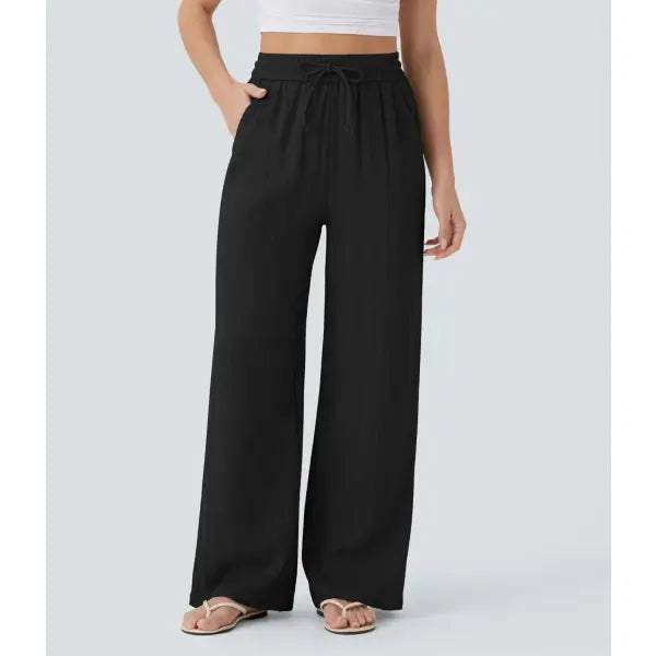 Wide Leg Drawstring Trousers in Light Blue for Casual Fashion - Black / 2XL - None