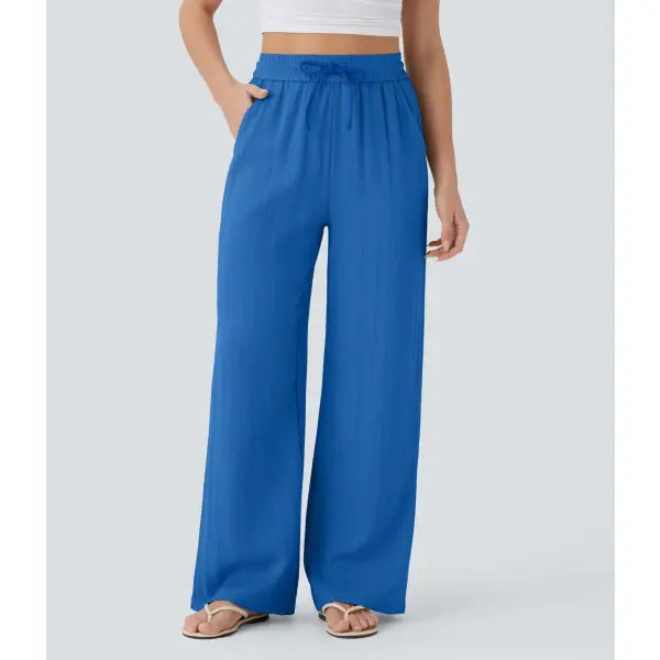 Wide Leg Drawstring Trousers in Light Blue for Casual Fashion - Dark Blue / 2XL - None