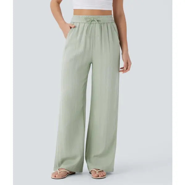 Wide Leg Drawstring Trousers in Light Blue for Casual Fashion - Light Green / 2XL - None