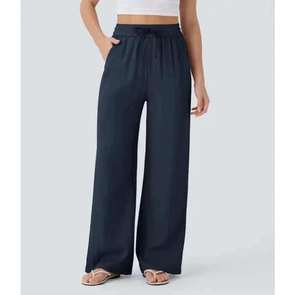Wide Leg Drawstring Trousers in Light Blue for Casual Fashion - Navy Blue / 2XL - None