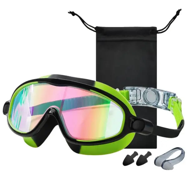 Wide View Large Frame Silicone Kids Swimming Goggles Anti Fog Leakproof - Green-coated