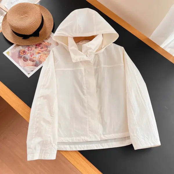 Women’s Windproof Stand Collar Jacket – Lightweight Outdoor Hooded Thin Coat for Casual Wear - White / S