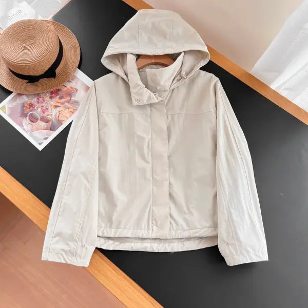 Women’s Windproof Stand Collar Jacket – Lightweight Outdoor Hooded Thin Coat for Casual Wear - White Gray / XL