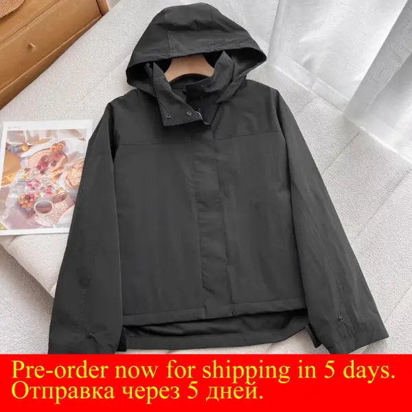Women’s Windproof Stand Collar Jacket – Lightweight Outdoor Hooded Thin Coat for Casual Wear - black / S
