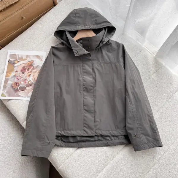Women’s Windproof Stand Collar Jacket – Lightweight Outdoor Hooded Thin Coat for Casual Wear - Gray / S