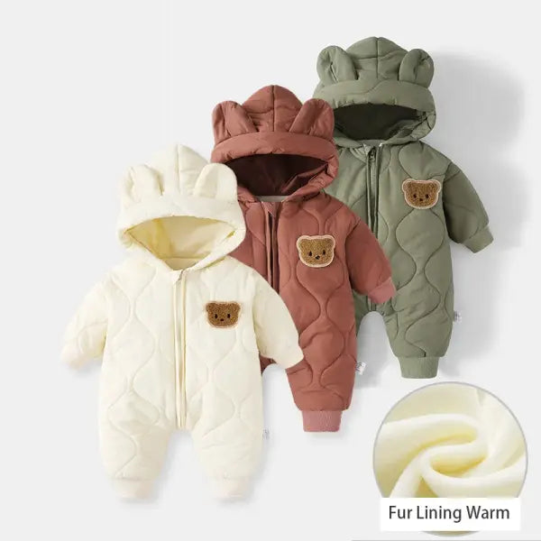 Winter Baby Romper – Warm Fur-Lined Outwear Jumpsuit with Cute Bear Design for Infant Boys & Girls