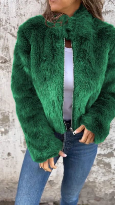 Winter Casual Turtleneck Stand Collar Plush Jacket for Women - Green / 2XL