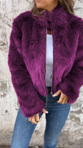 Winter Casual Turtleneck Stand Collar Plush Jacket for Women - Purple / 2XL