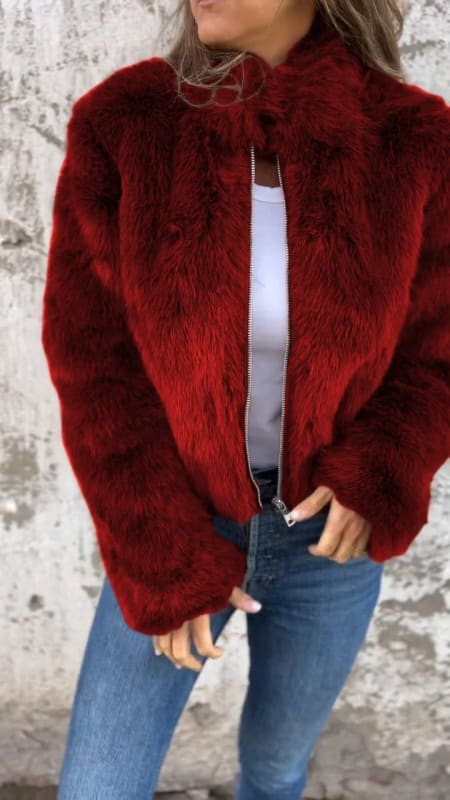 Winter Casual Turtleneck Stand Collar Plush Jacket for Women - Red / 2XL