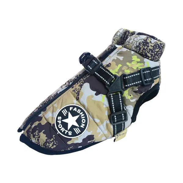 Waterproof Winter Dog Jacket with Harness – Warm Cotton Coat for Small & Large Dogs French Bulldog Outfit - Camouflage