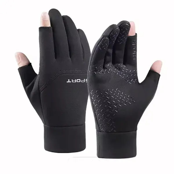 Winter Fishing & Cycling Gloves – Warm Anti-Slip Touchscreen Gloves with Two-Finger Cut for Men & Women - black / L