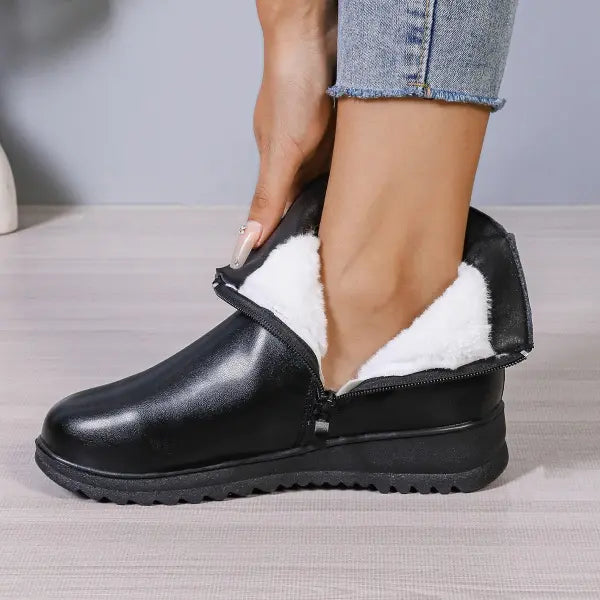 Winter Fleece Boots With Side Zipper Design Fashion Simple Non-slip Ankle Boots For Women Warm Pu Leather Shoes - Black