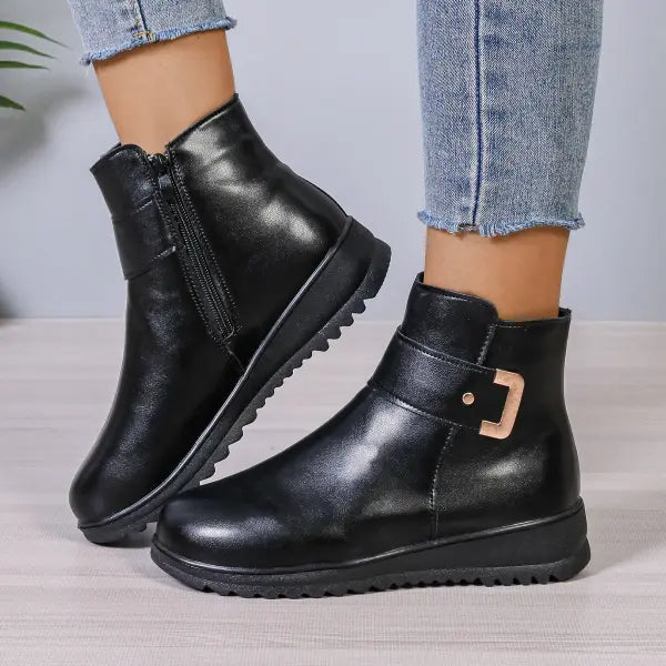 Winter Fleece Boots With Side Zipper Design Fashion Simple Non-slip Ankle Boots For Women Warm Pu Leather Shoes - Black