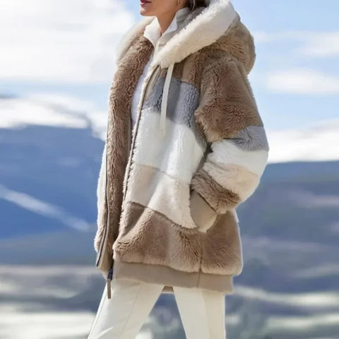 Winter Hooded Ladies Coat in Blue Green Black Plaid Cashmere Style