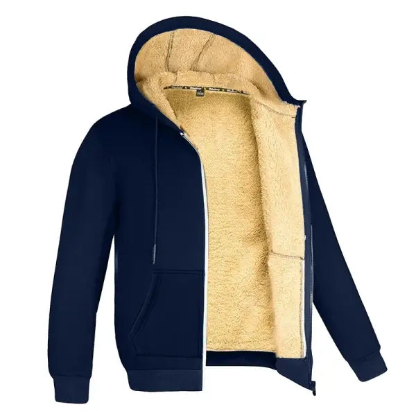 Winter Lambswool Hooded Jacket Black Warm Outerwear - Navy Blue / XL