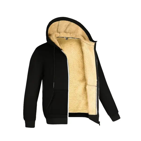Winter Lambswool Hooded Jacket Black Warm Outerwear - black / XXXL