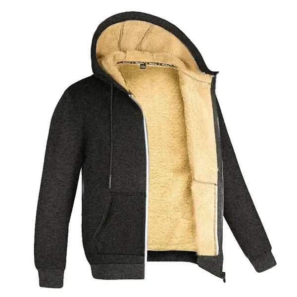 Winter Lambswool Hooded Jacket Black Warm Outerwear - Dark Grey / 4XL