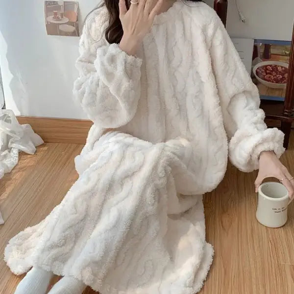 Winter Long Sleeve Double Pocket Flannel Nightgowns Women Loose Solid Sleepwear Jacquard Night Dress Thickened Warm