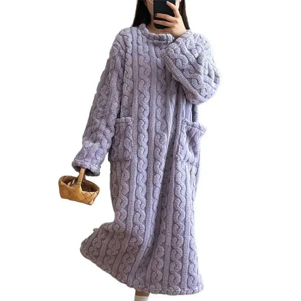 Winter Long Sleeve Double Pocket Flannel Nightgowns Women Loose Solid Sleepwear Jacquard Night Dress Thickened Warm