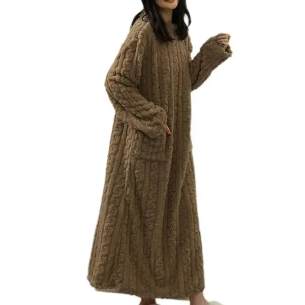 Winter Long Sleeve Double Pocket Flannel Nightgowns Women Loose Solid Sleepwear Jacquard Night Dress Thickened Warm