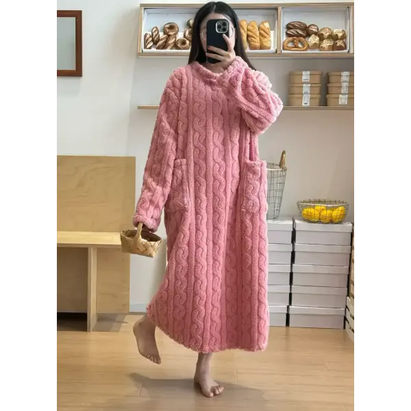 Winter Long Sleeve Double Pocket Flannel Nightgowns Women Loose Solid Sleepwear Jacquard Night Dress Thickened Warm