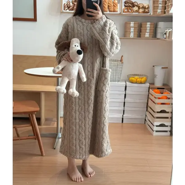 Winter Long Sleeve Double Pocket Flannel Nightgowns Women Loose Solid Sleepwear Jacquard Night Dress Thickened Warm