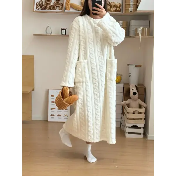 Winter Long Sleeve Double Pocket Flannel Nightgowns Women Loose Solid Sleepwear Jacquard Night Dress Thickened Warm