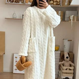 Winter Long Sleeve Double Pocket Flannel Nightgowns Women Loose Solid Sleepwear Jacquard Night Dress Thickened Warm