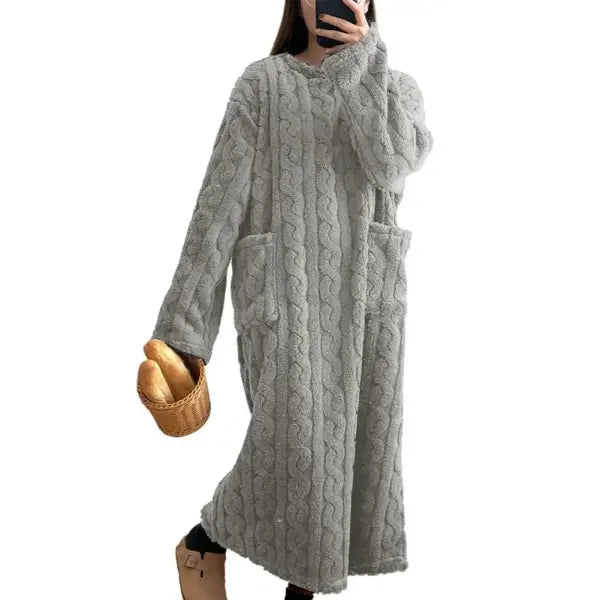 Winter Long Sleeve Double Pocket Flannel Nightgowns Women Loose Solid Sleepwear Jacquard Night Dress Thickened Warm