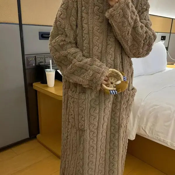 Winter Long Sleeve Double Pocket Flannel Nightgowns Women Loose Solid Sleepwear Jacquard Night Dress Thickened Warm