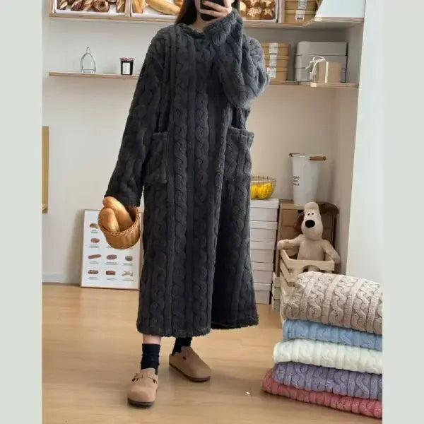 Winter Long Sleeve Double Pocket Flannel Nightgowns Women Loose Solid Sleepwear Jacquard Night Dress Thickened Warm