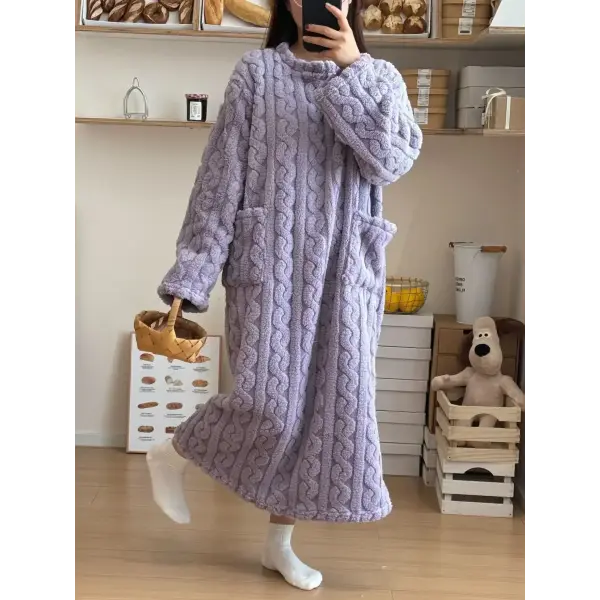 Winter Long Sleeve Double Pocket Flannel Nightgowns Women Loose Solid Sleepwear Jacquard Night Dress Thickened Warm