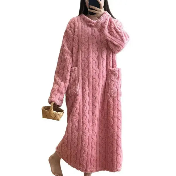 Winter Long Sleeve Double Pocket Flannel Nightgowns Women Loose Solid Sleepwear Jacquard Night Dress Thickened Warm