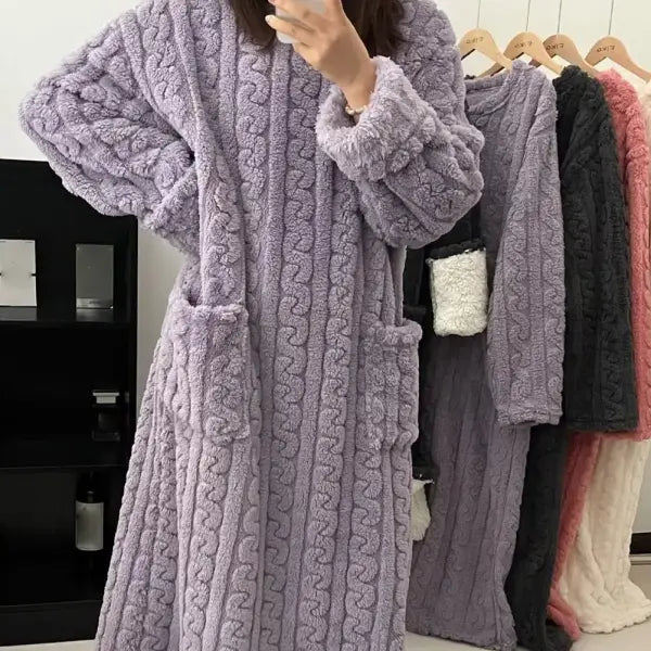Winter Long Sleeve Double Pocket Flannel Nightgowns Women Loose Solid Sleepwear Jacquard Night Dress Thickened Warm