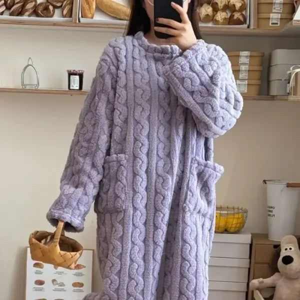 Winter Long Sleeve Double Pocket Flannel Nightgowns Women Loose Solid Sleepwear Jacquard Night Dress Thickened Warm
