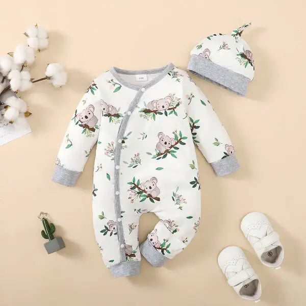Winter Baby Romper – Bear Print Long Sleeve Button-Up One-Piece for Newborn Infant Boys