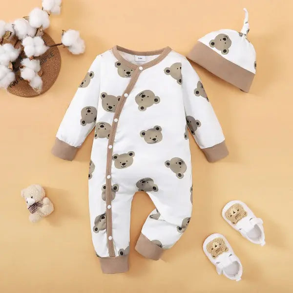 Winter Baby Romper – Bear Print Long Sleeve Button-Up One-Piece for Newborn Infant Boys - YCJ122305301-3 / 9-12M
